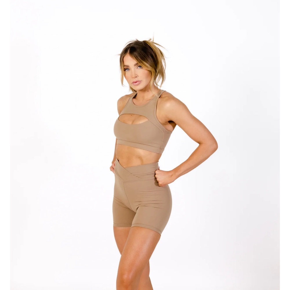 Cara Loren peek a boo bra and v biker short in sand